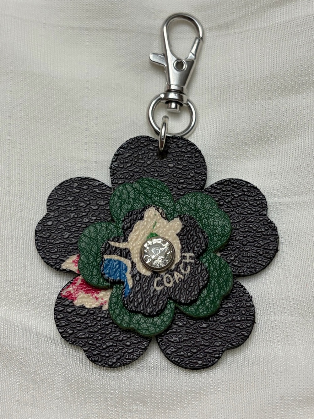 Upcycled COACH Black & Green Floral Leather Key Charm with Crystal Accent